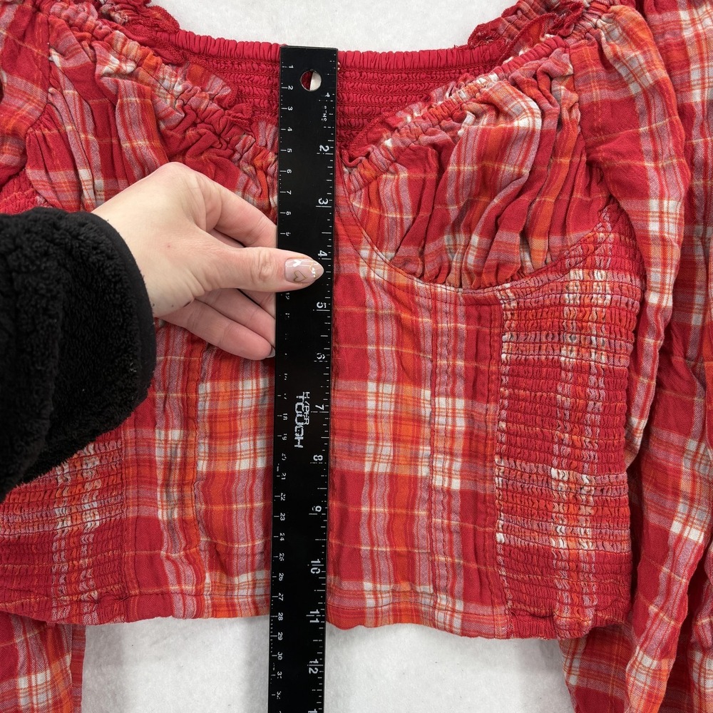 Free People Cherry Bomb Blouse Womens XS Red Plaid Off Shoulder Crop Babydoll - Picture 9 of 14